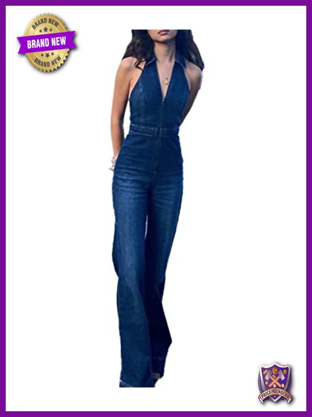 Sleeveless Halter Neck Denim Jumpsuit High Waisted Slim Fit Maxi One Piece